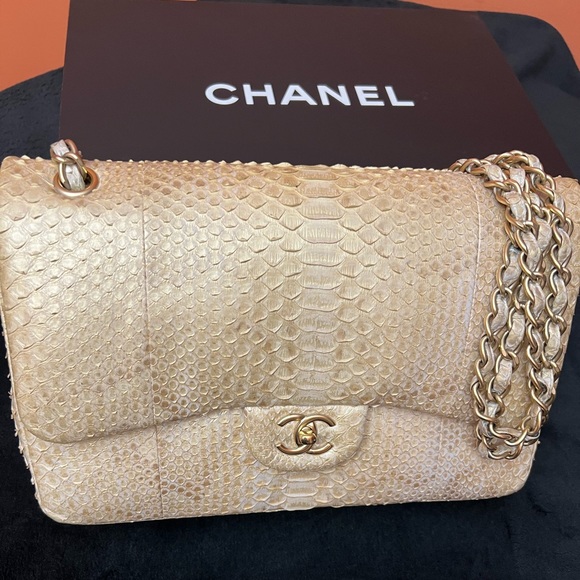 AUTHENTIC LIKE NEW LIMITED EDITION CHANEL CLASSIC IRIDESCENT PYTHON DOUBLE FLAP - Picture 4 of 12